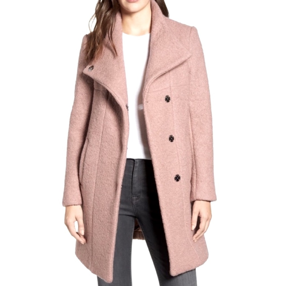 EUC Kenneth Cole Blush Pink Bouclé Wool Asymmetrical Stand Collar Winter Coat
